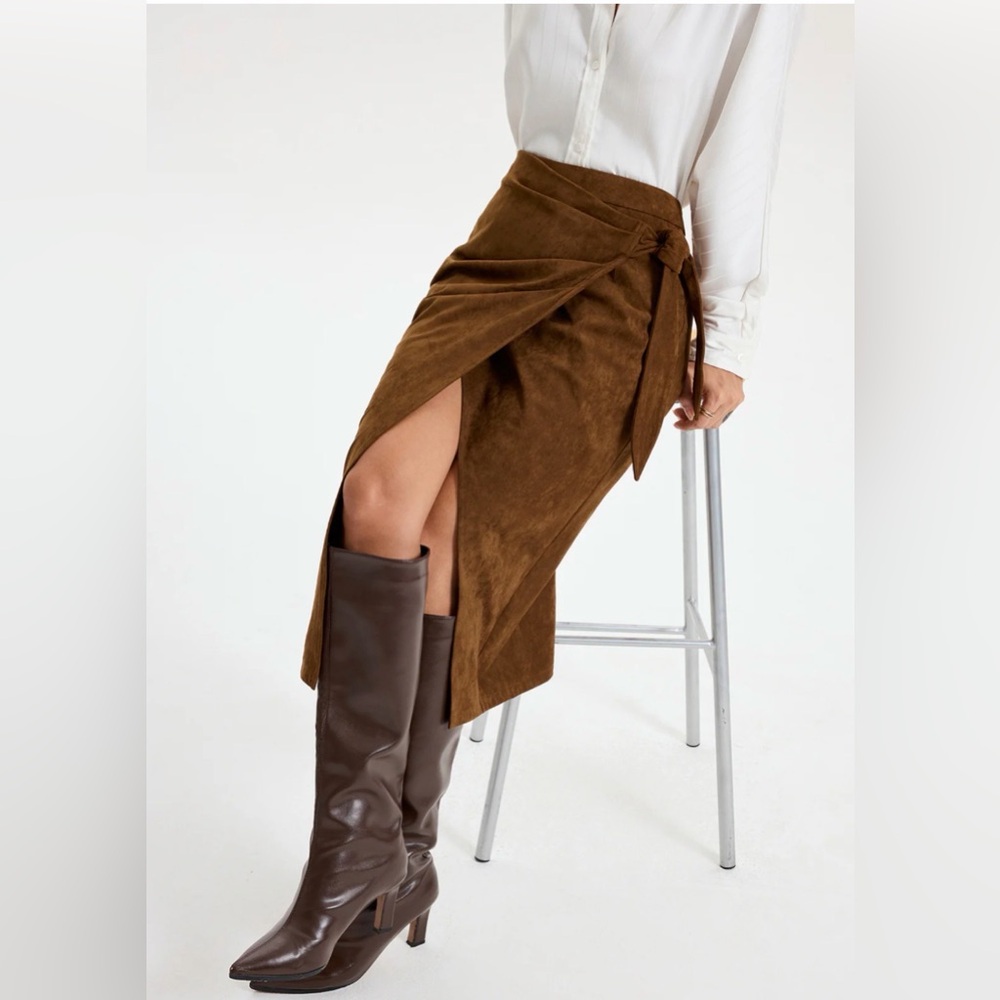 Commense Brown Suede Tie-Knot Midi Skirt S